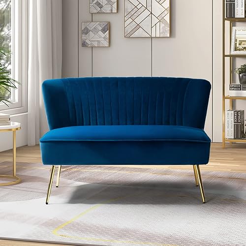 TINA'S HOME Sofá biplaza contemporáneo de terciopelo, sofá biplaza tapizado con patas de metal dorado, pequeño sofá copetudo de 2 asientos sin