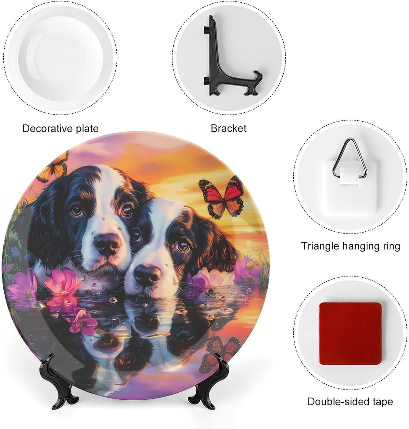 English Springer Spaniel Dogs Butterfly Novelty Decorative Plate with Display Stand Ceramic Ornament Hanging Wall Decor