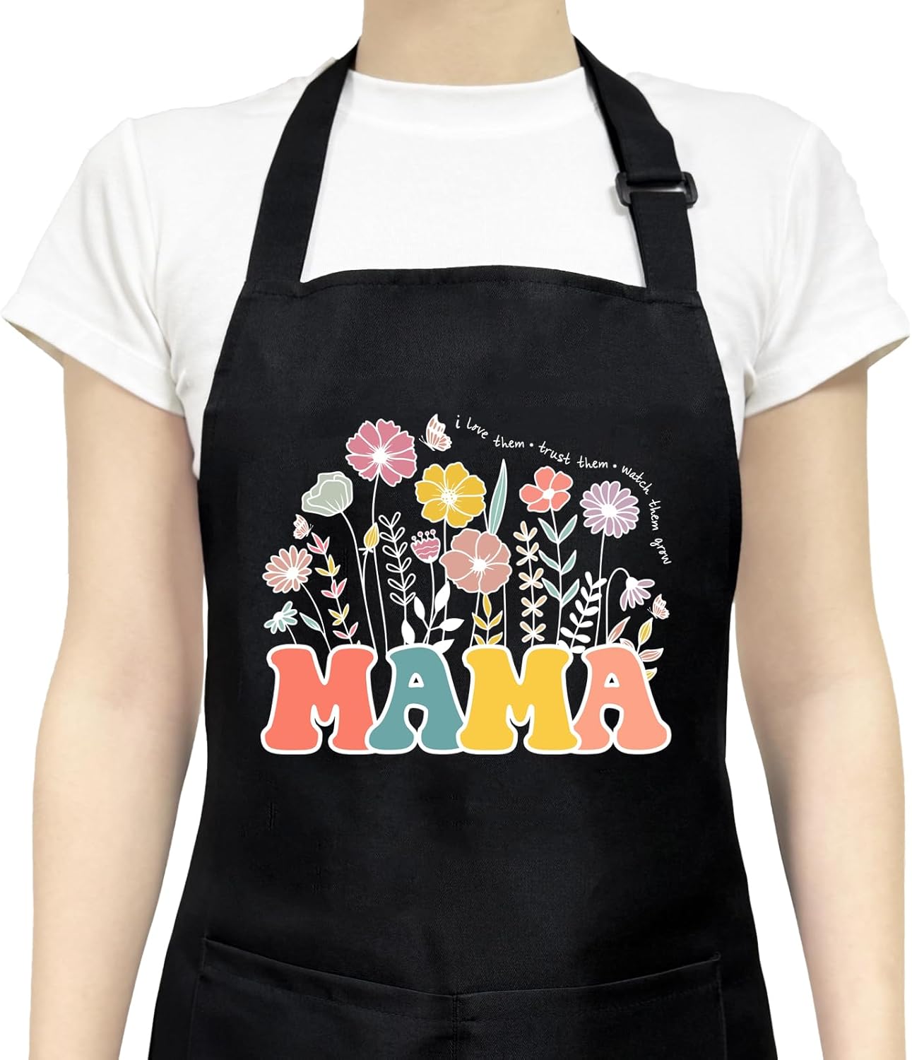 Xiynmeife Floral 'MAMA' Apron for Women - Adjustable Neck, 2 Pockets, Stain-Resistant Polyester for Cooking Baking BBQ, Mother's Day Gift