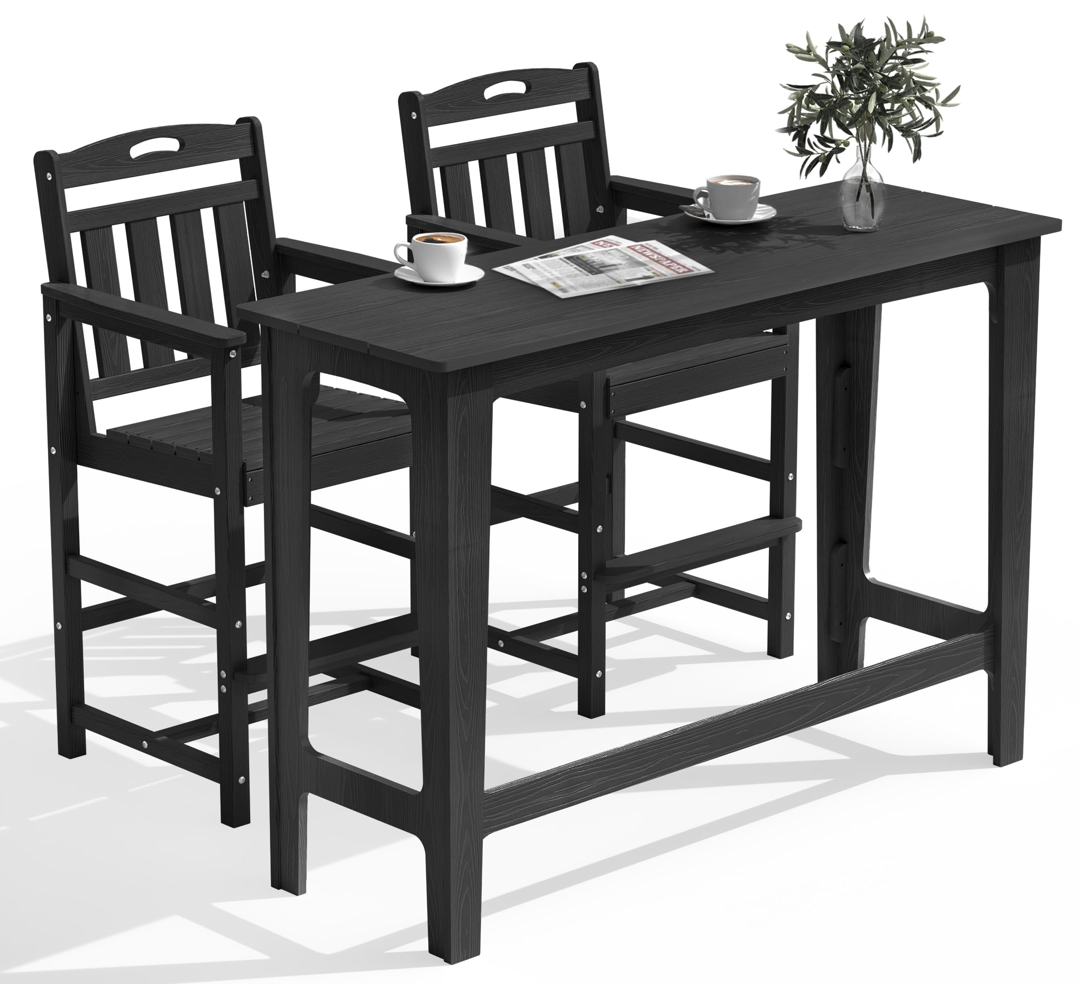 Outdoor Patio Bar Height Table and Tall Adirondack Chairs Set of 2, All-Weather HDPE High Top Long Rectangle Pub Furniture for Outside Balcony Bistro Backyard Pool Deck | 3-Pieces, Black