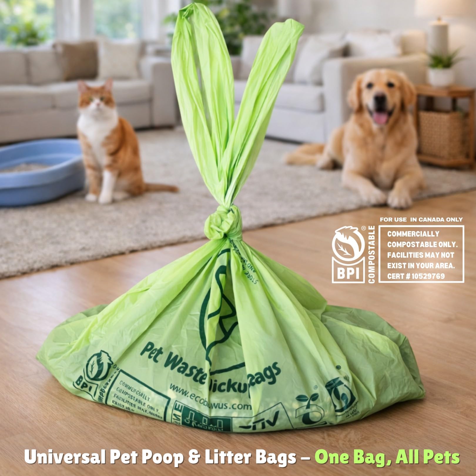 Bolsa de eliminación de residuos de mascotas 100% compostable (120 bolsas) a base de plantas para gatos y excrementos, bolsas de recogida de excrementos de perro con asas, sacos de pañales US BPI ASTM