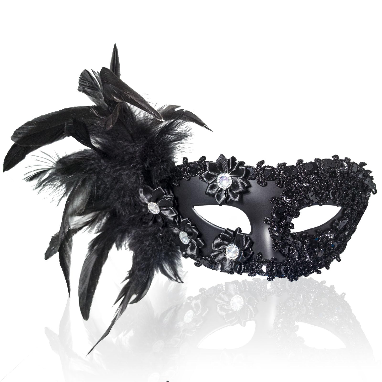 2024 New Masquerade Mask for Women, Black Venetian Mask with Feathers, Sequins and Flowers for Halloween Costume Mardi Gras