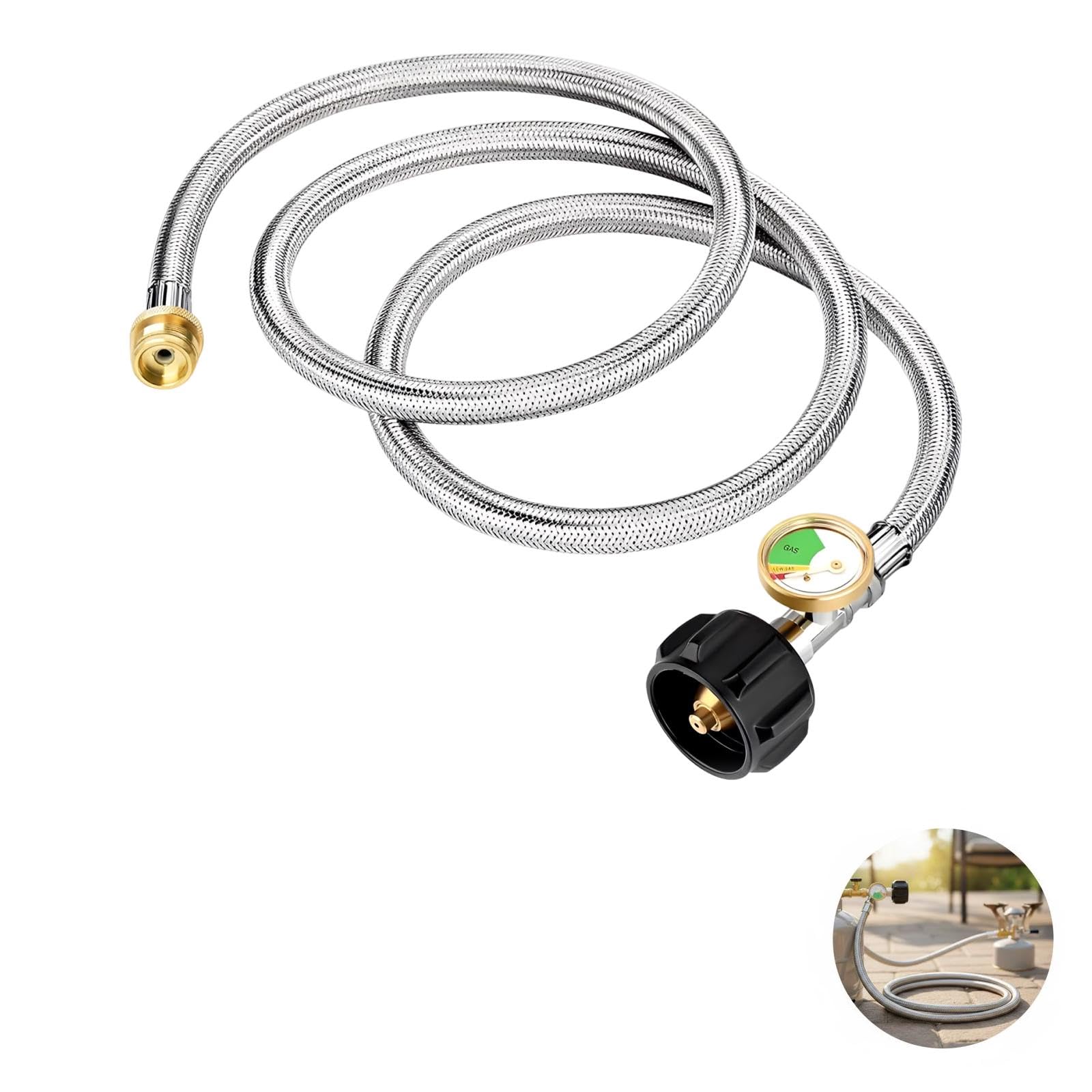 Tuyau d’extension pour réservoir de propane de 6 ft, tresse en acier inoxydable, avec manomètre, adaptateur QCC1, compatible avec chauffage portable, barbecue Weber, réchaud Coleman et appareils à gaz