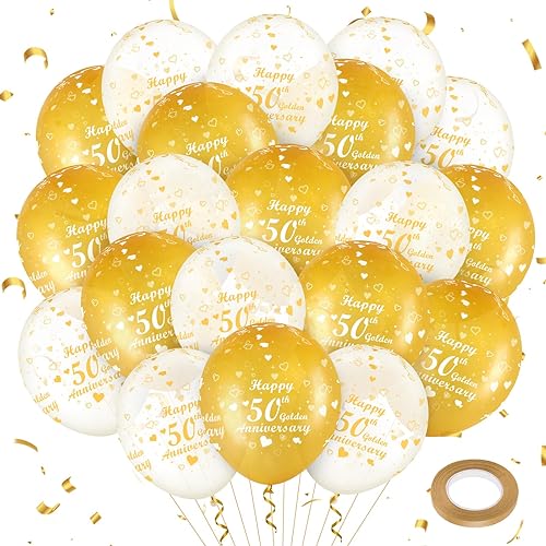 20 globos dorados de aniversario del número 50, globos dorados de aniversario de boda de oro blanco para decoraciones doradas de aniversario de
