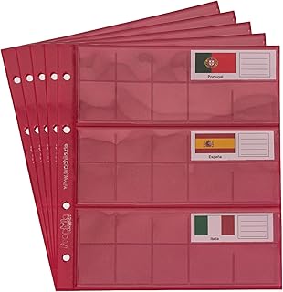 5 Prophila Münzhüllen für 3 komplette €-Kursmünzensätze mit je 8 Münzen, mit 5 roten Karton-Zwischenbl. + 24 Flaggen