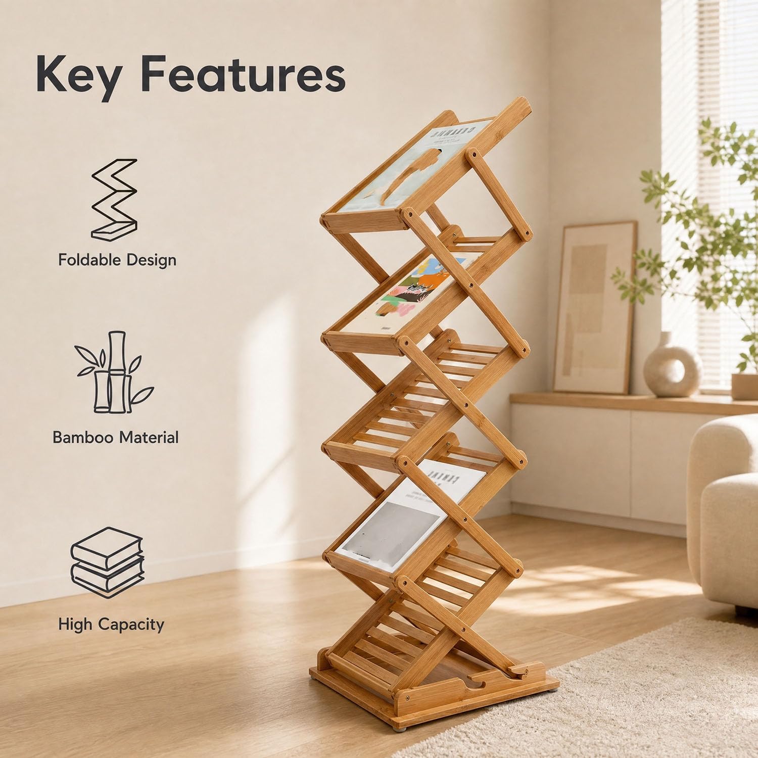 Foldable Bamboo Magazine Rack Floor Stand, 5 Pockets A4 Display Holder