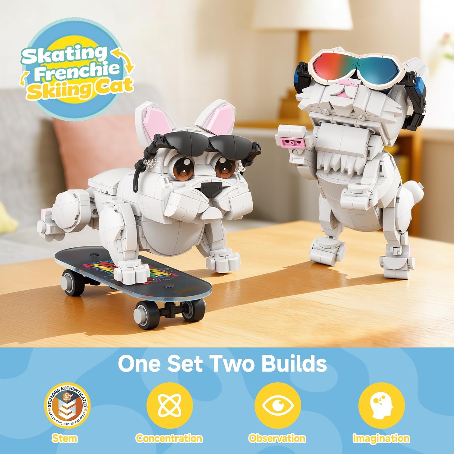 Wise Block 2-in-1 Building Toy Set, Transforms to 2 Different Animals - from Skating Frenchie to Skiing Cat, Creative Buildng Block Toys for Kids 659 pcs