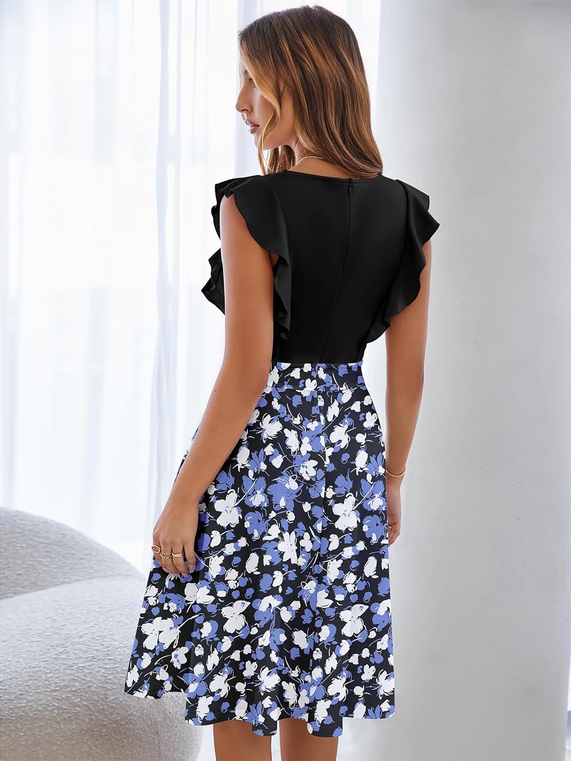 YATHON Women's Vintage Ruffle Floral Flared A Line Swing Casual Cocktail Party Dresses