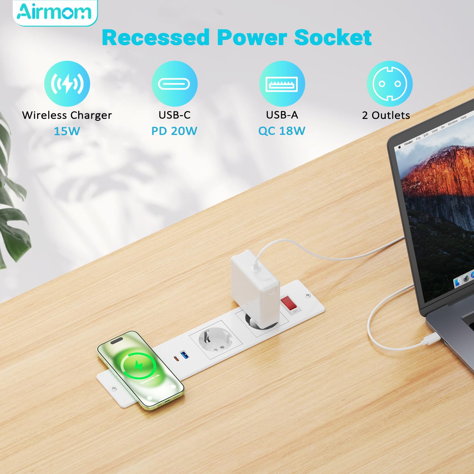 Airmom Ciabatta elettrica da incasso con caricatore wireless da 15 W e interruttore, presa da tavolo da incasso con USB C 20 W e porta USB, colore: bianco