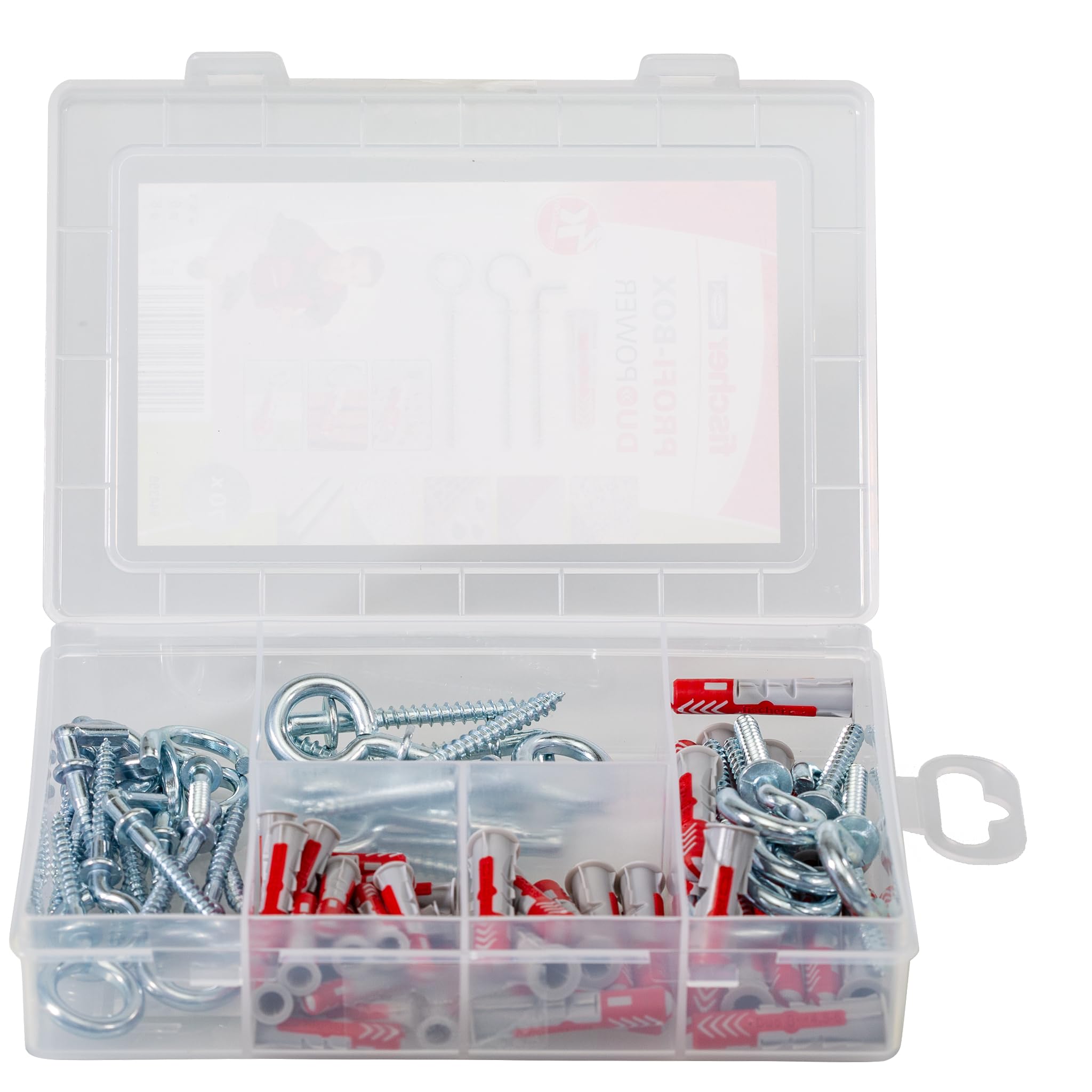 fischer Profesjonalne pudełko DuoPower z haczykami, pudełko na kołki z 70 elementami (20 szt. 6 x 30, 20 szt. 8 x 40, 30 szt. haków kątowych, okrągłych i oczkowych), uniwersalne kołki, praktyczna