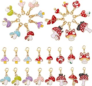 BEEFLYING 16Pcs Stitch Markers for Knitting Crochet Alloy Enamel Removable Crochet Stitch Marker Charms with Lobster Claw Clasps for Knitting Weaving Sewing Quilting Handmade Jewelry (Mushroom)