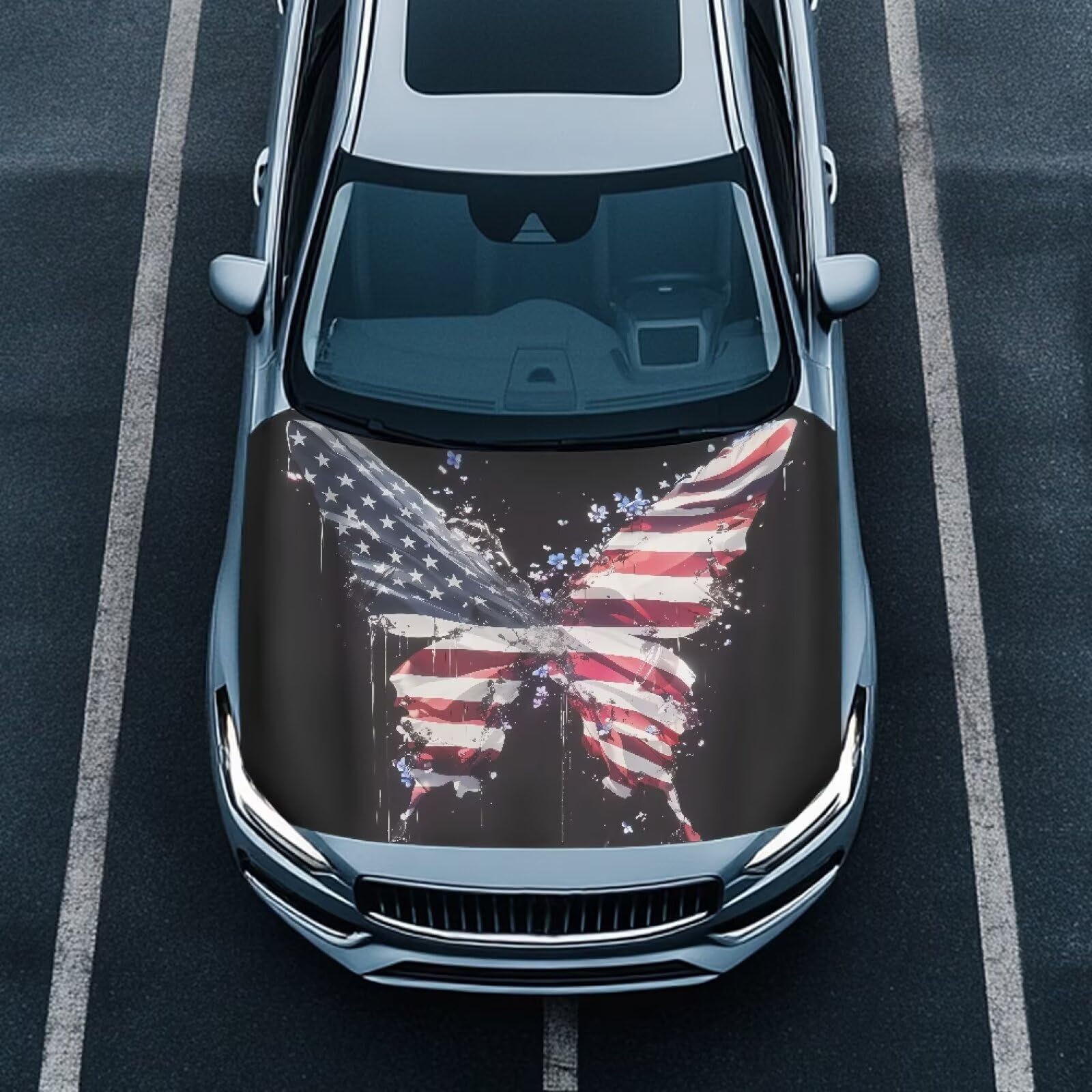 Butterfly US Flag Car Hood Covers for Automobiles, Forget-Me-Not Flower American Flag Car Bonnet Banner Can be Washed Suitable for Most Vehicles Sedans Trucks SUVs