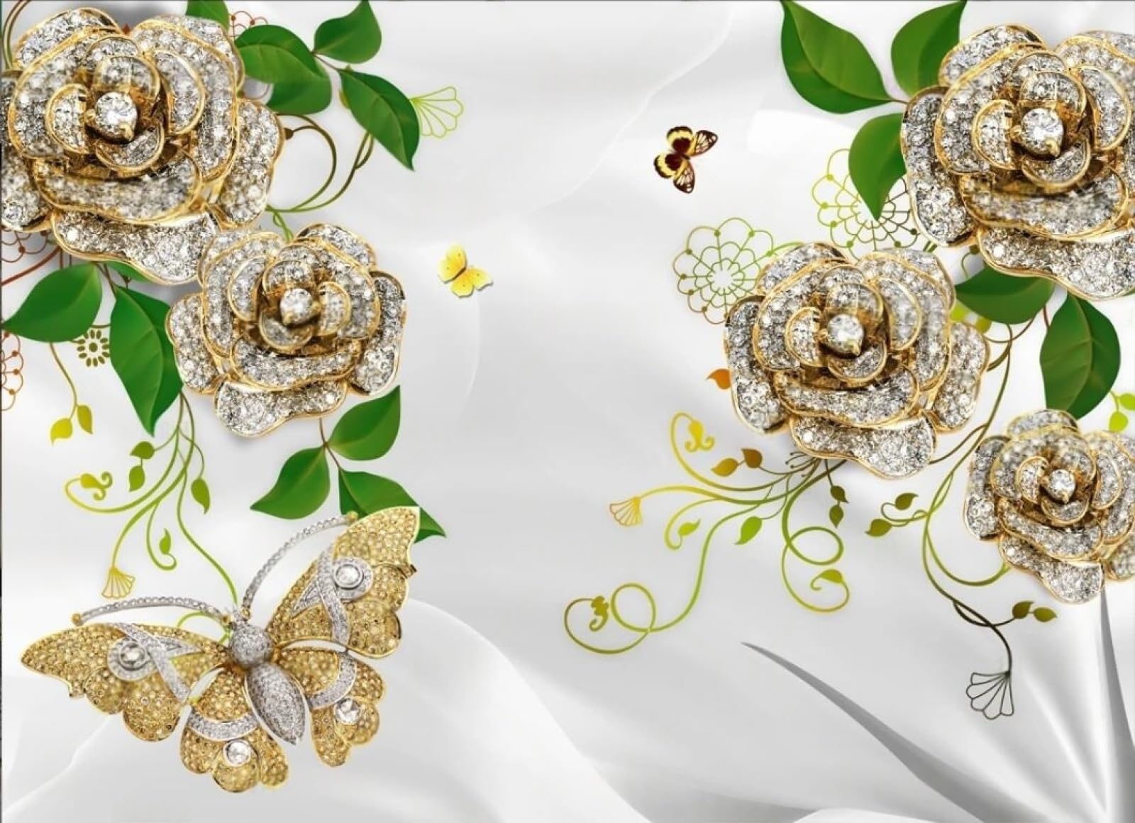 Papier peint doré 3D à motif bijoux et fleurs fraîches intissé