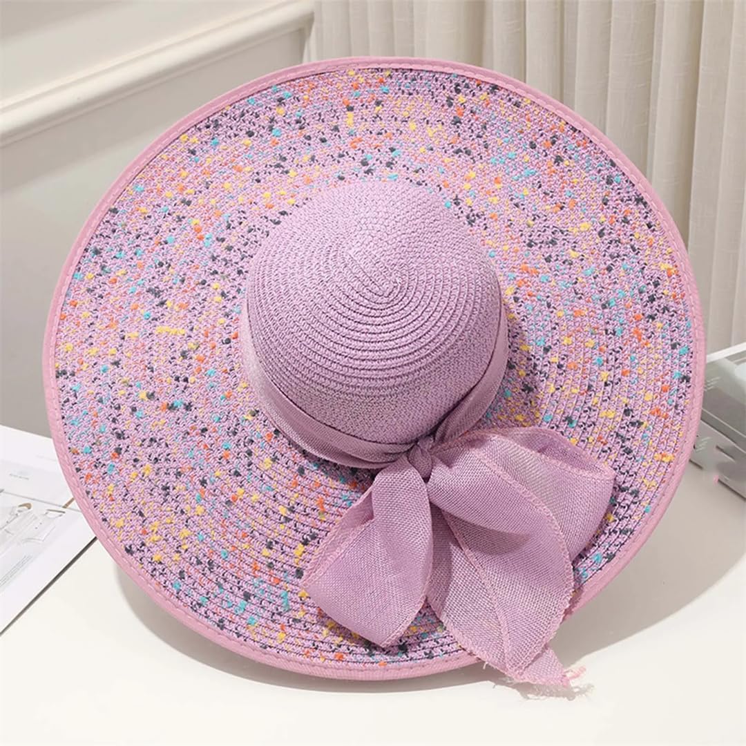 Yeuyyben Cappello estivo da donna con visiere pieghevoli, cappello da sole a tesa larga, cappello da spiaggia con fiocco, cappello di paglia da viaggio, B-bianco, Taglia unica