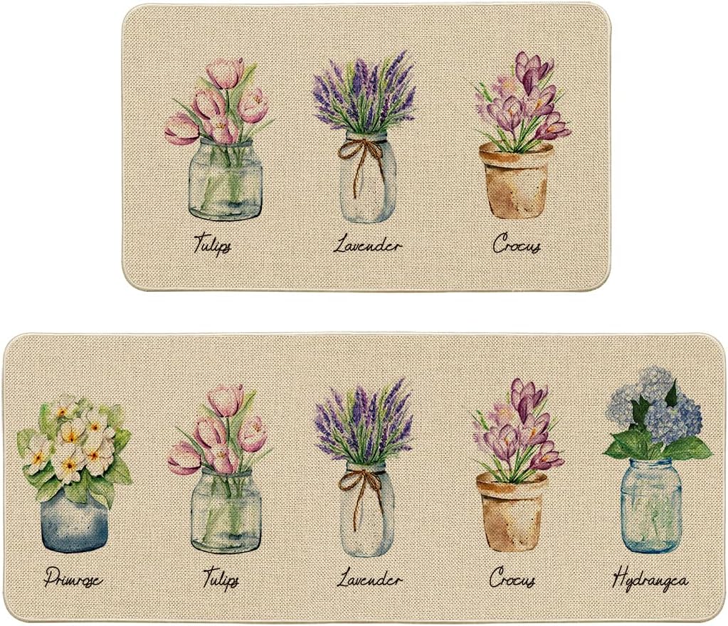 Artoid Mode Tulip Lavender Hydrangea Flowers Spring Kitchen Mats Set of 2, Home Decor Low-Profile Kitchen Rugs for Floor - 17x29 and 17x47 Inch
