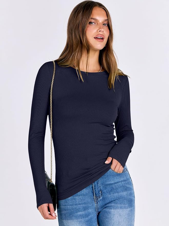 ANRABESS Women Long Sleeve Shirts Rib Knit Slim Fit Tops Basic Tee 2025 Fall Outfits Casual T-Shirt Underscrubs Layer Clothes