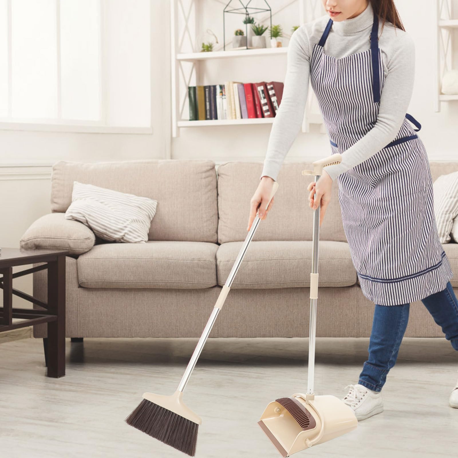Juego de Escoba y Recogedor Acero Inoxidable Mango Largo, Cerdas Densas y Peine para Pelo, Kit Herramienta de Limpieza para Hogar, Dispositivo para Barrer y Recoger Polvo,
