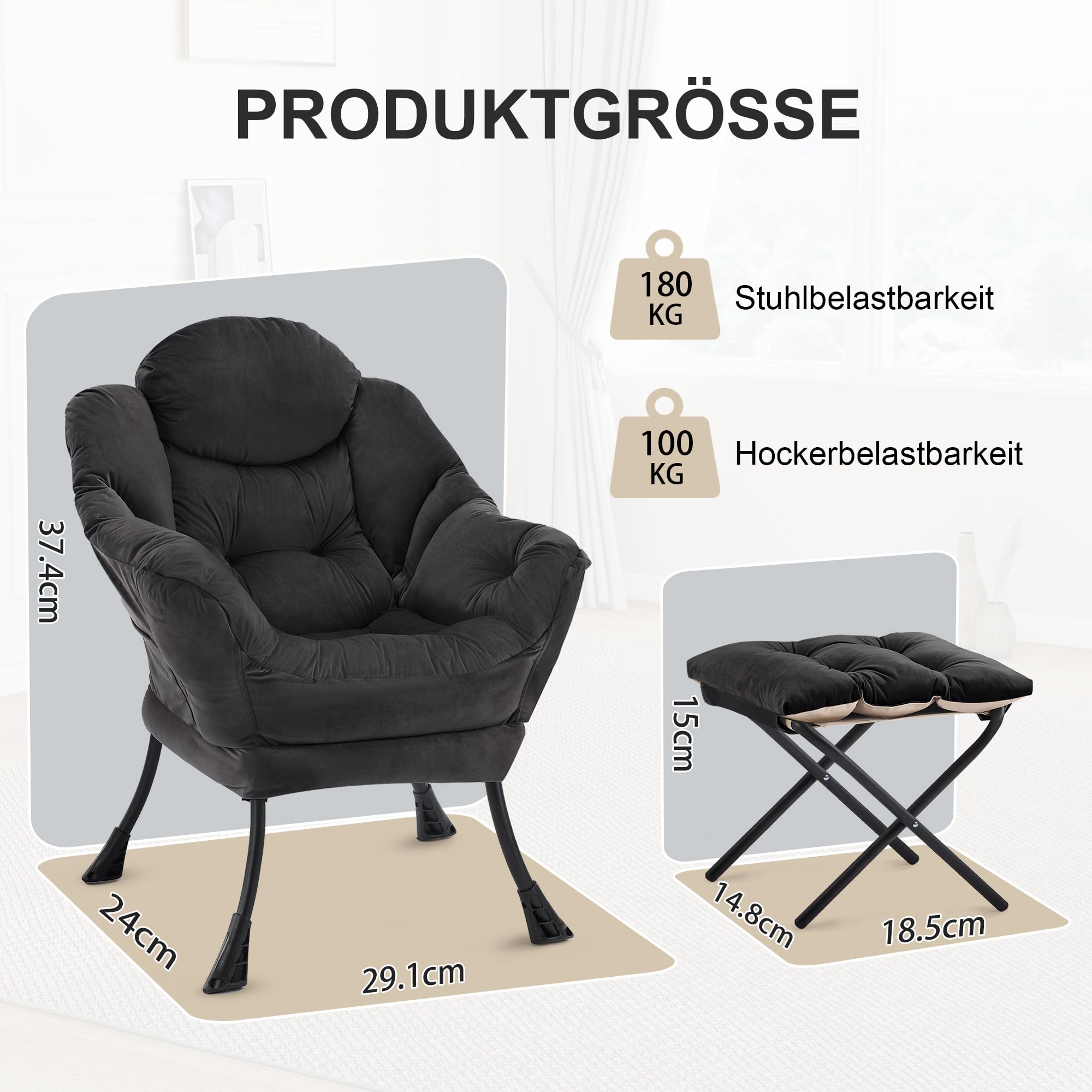 Lazy Chair mit Ottomane, Sessel Wohnzimmer Ohrensessel mit Hocker, Lesesessel Bequem Armchair Lounge Sessel mit Fußhocker, Relaxstuhl Relaxsessel mit Fußstütze, Seitentasche, Schwarz