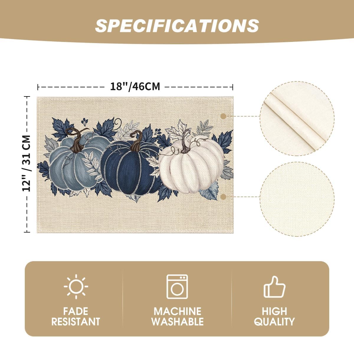 Artoid Mode Navy Blue Pumpkins Fall Placemats Set of 4-12 x 18 Inch image 5
