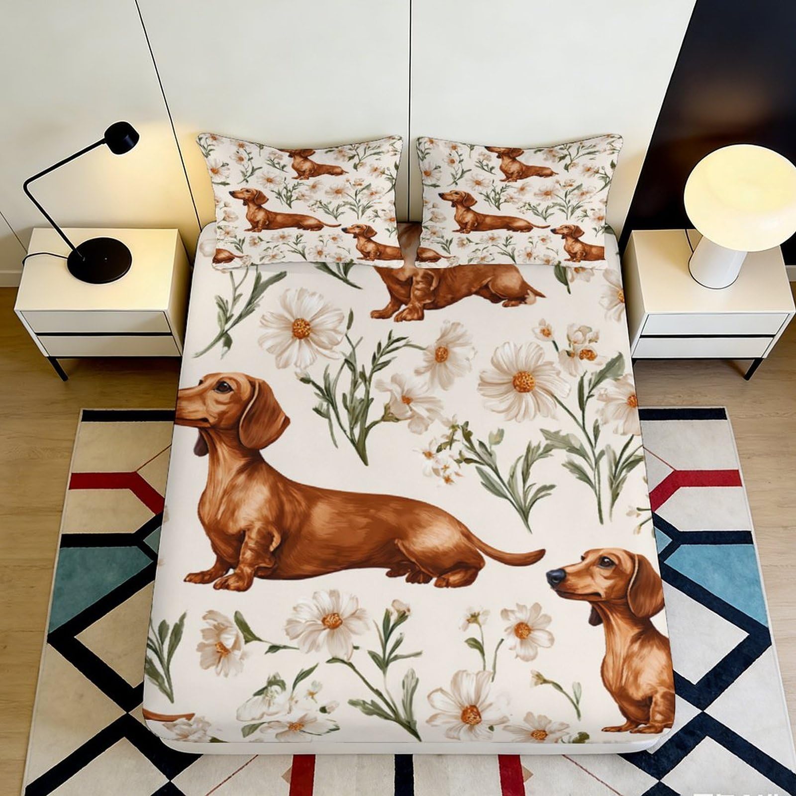 3D Printed Dachshund Floral Fitted Sheet Microfiber Non Slip Bed Cover Machine Washable for Bedroom Guest Room Decor 90x200x25cm