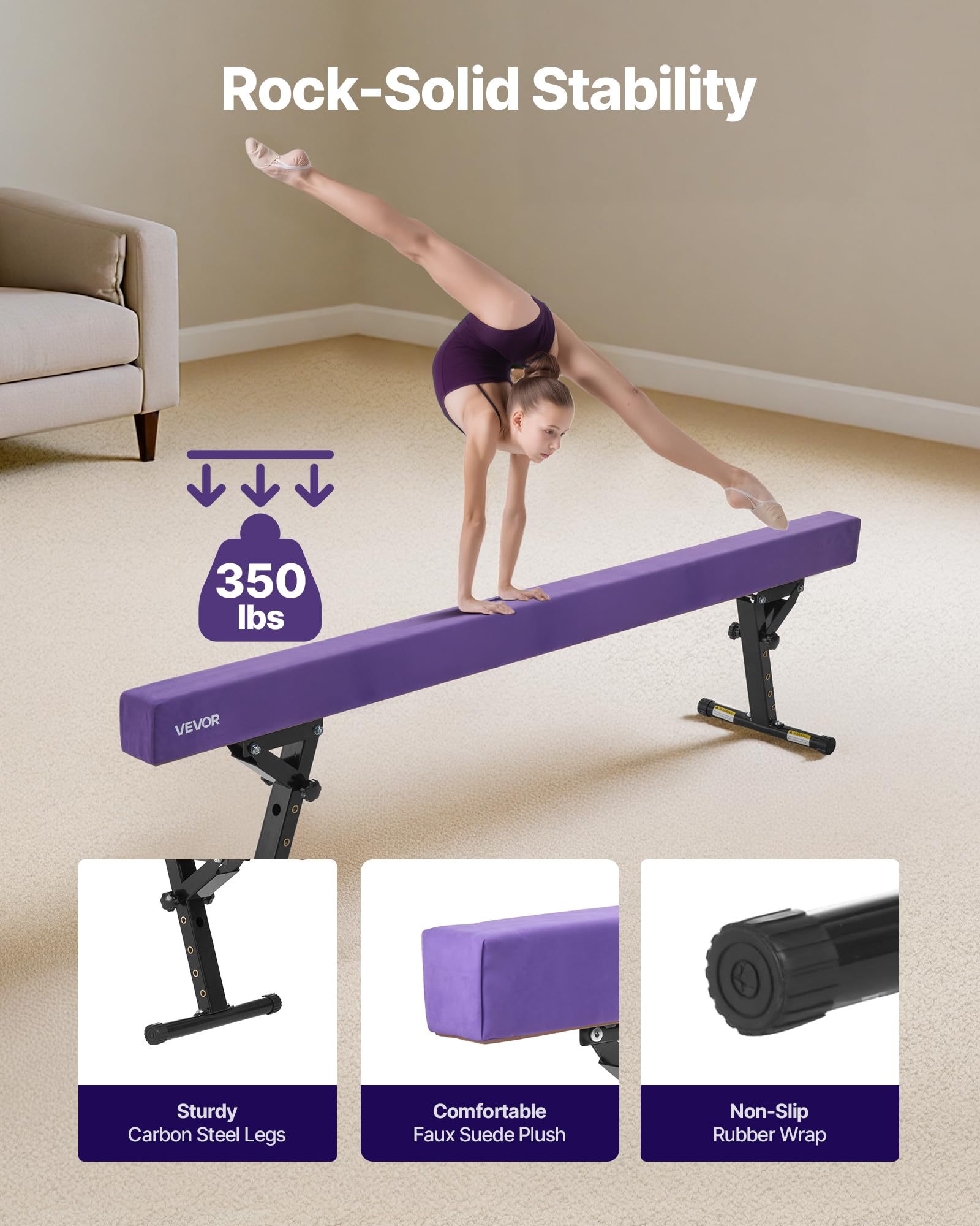 VEVOR Poutre Gymnastique réglable pour Enfants, 2410 mm, Poutre d'équilibre avec 2 Modes et 5 hauteurs réglables, équipement d'entraînement Professionnel pour Maison et Centre de Gymnastique, Violet