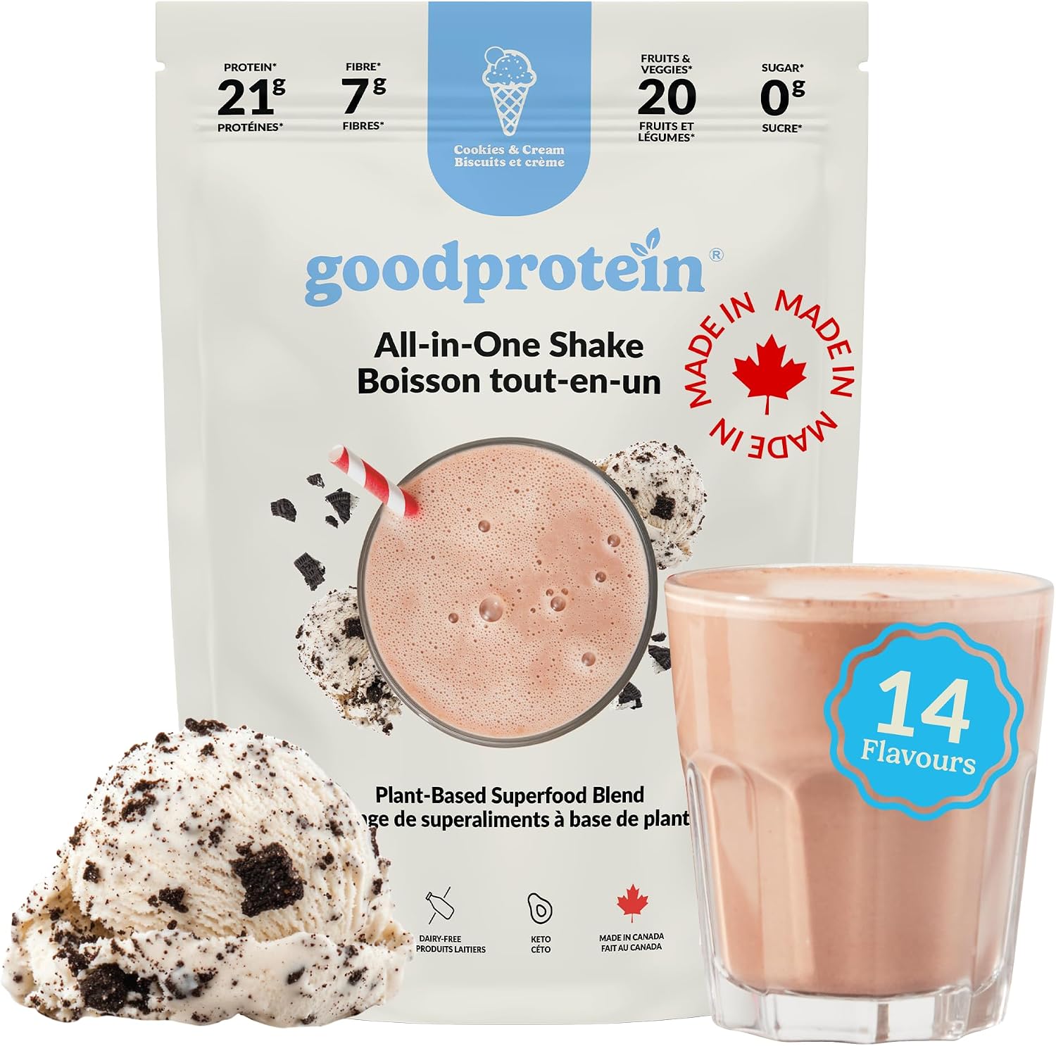 Good Protein All-in-One Shake, Plant-Based Protein Powder Cookies and Cream