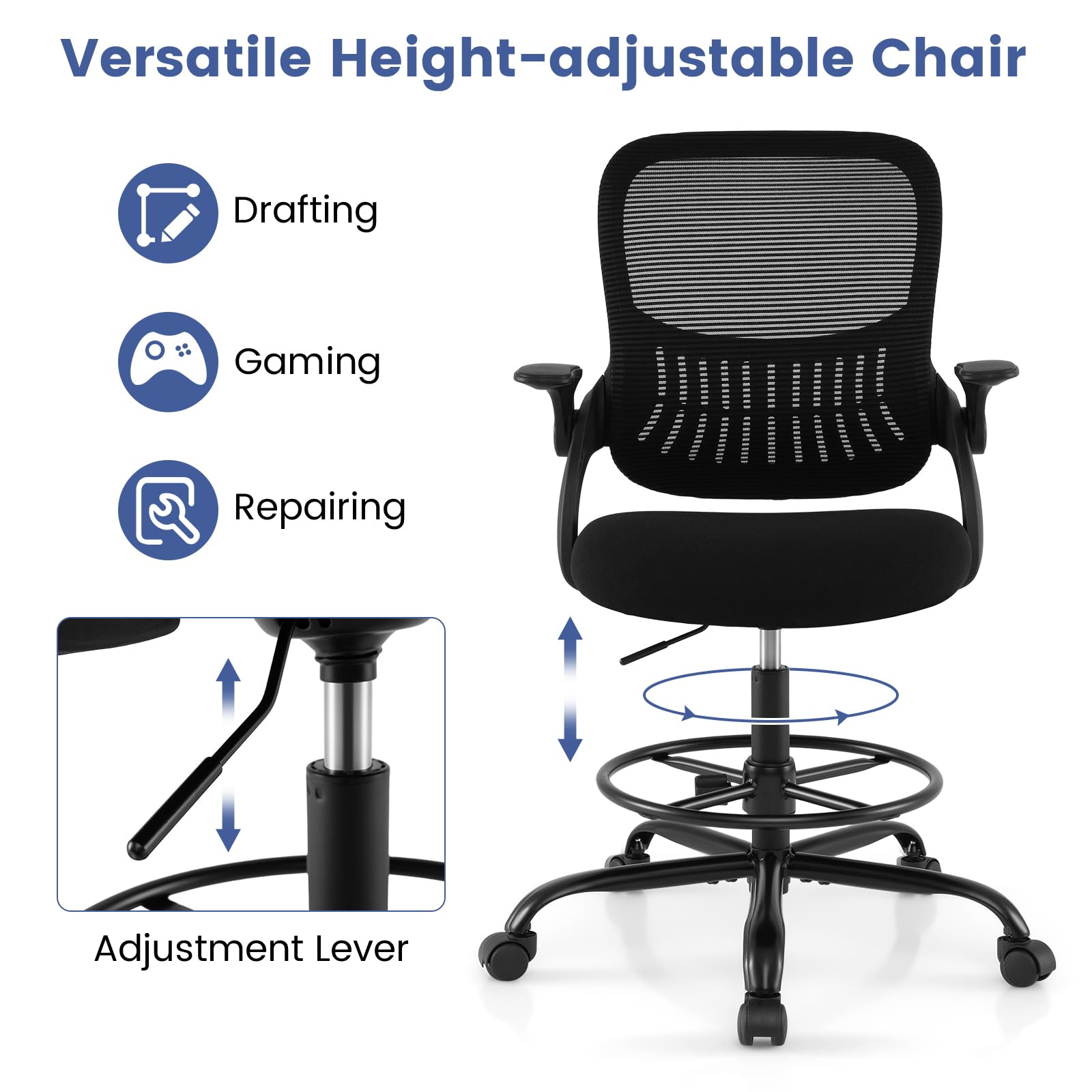 CASART Sedia da disegno in rete, sedia ergonomica da ufficio con supporto lombare e braccioli ribaltabili, sedia da scrivania regolabile in altezza per casa e ufficio (con spazio per riporre lo