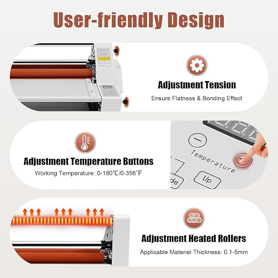 Laminating Machine 13.78 Inch Hot and Cold Roll Laminator Thermal Laminating Machine with Adjustment Knobs Hot Cold Roll Laminator for Cross-Patterned Films