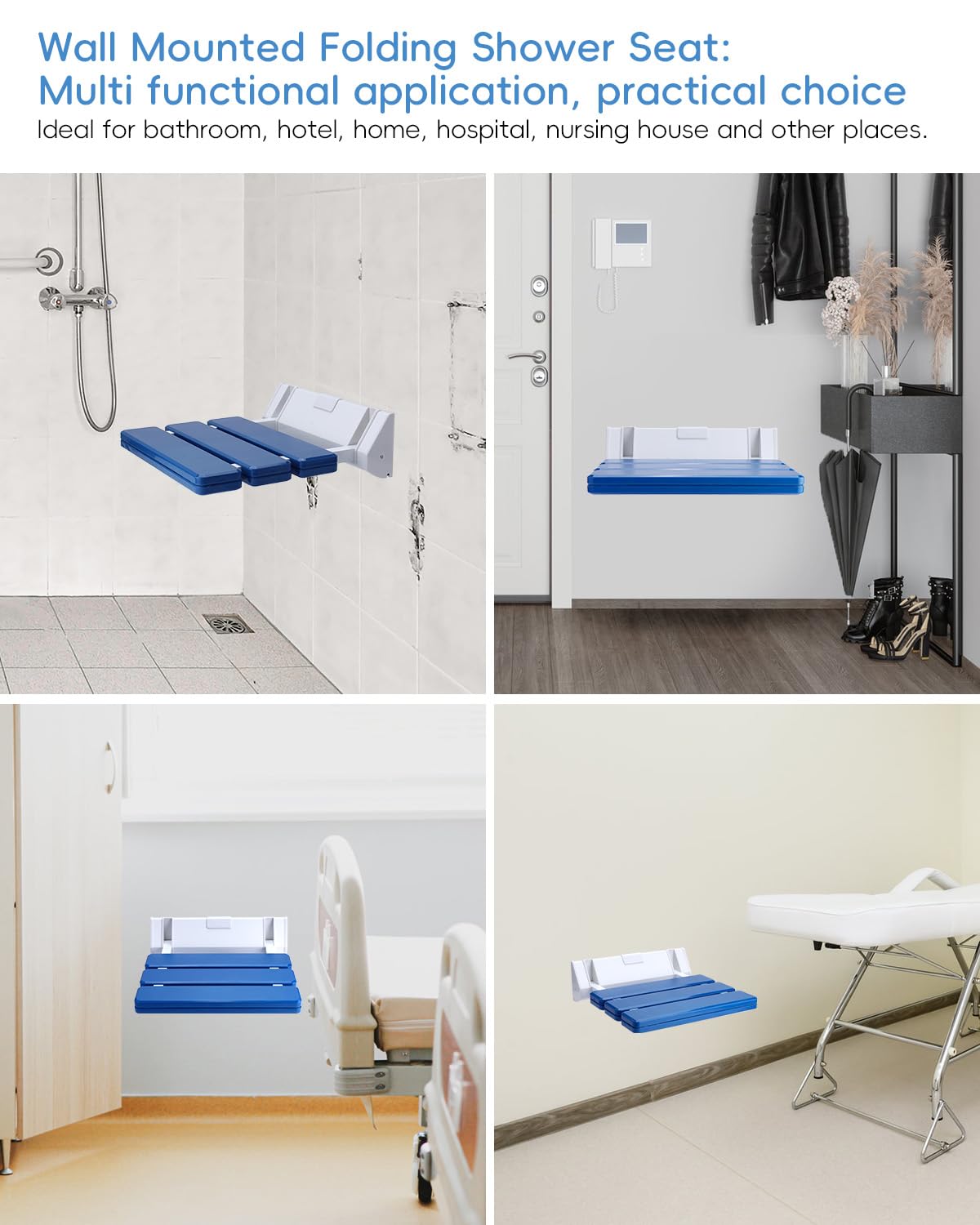 FreeTec Duschklappsitz Duschsitz Klappbar Wandmontage Belastbar bis 130kg Tragkraft Zusammenklappbar Duschhocker Dusche Sitzgelegenheit Stuhl Blau