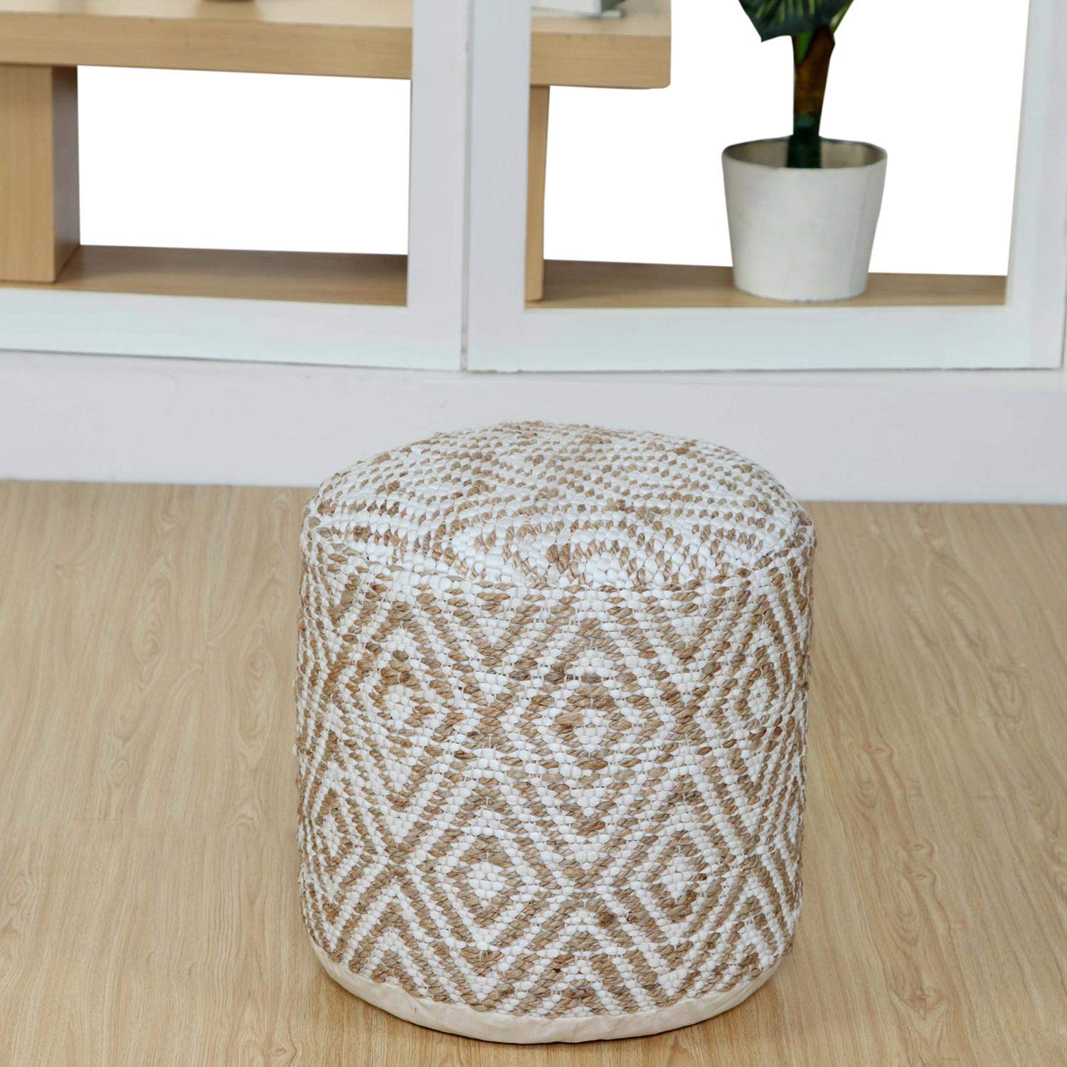 Homescapes Pouf Sierra 40 x 45 cm, rotondo, con motivo etnico, realizzato a mano, in iuta e cotone, con imbottitura in perle