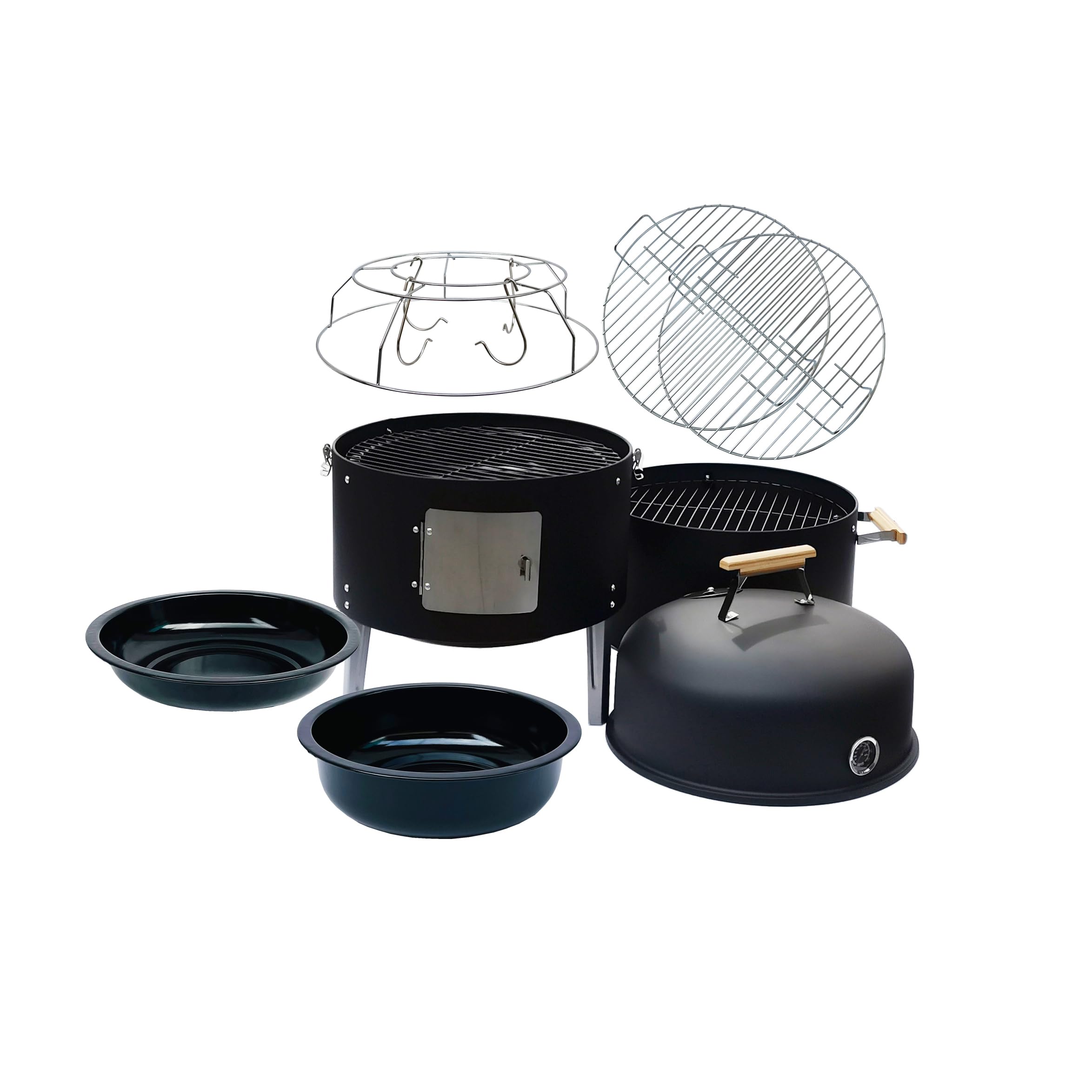 Barbecue fumoir de 17-1/2" avec couvercle, thermomètre intégré, aération et portes d'accès, deux couches, barbecue multifonction avec 3 poignées en bambou, idéal pour les fêtes, le camping