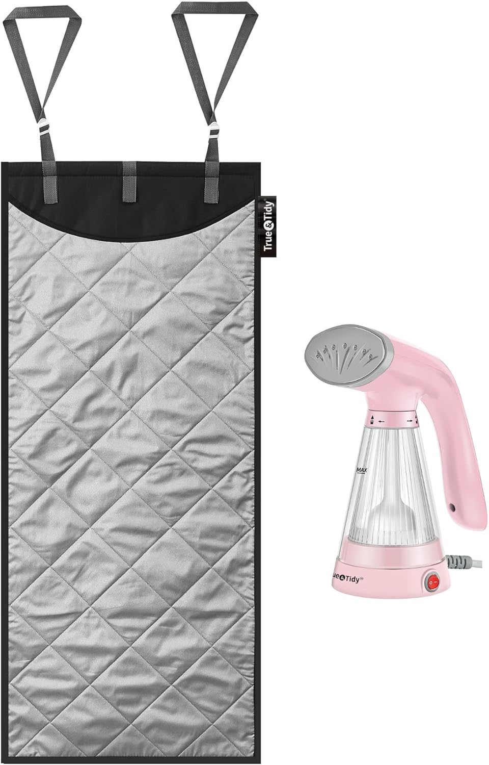 True & Tidy Complete Garment Care Compact Travel Clothes Steamer and XL Over the Door Protective Iron and Steam Press Pad Set (Pink)