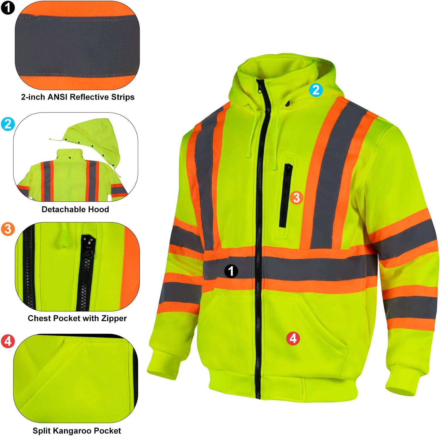 High Visibility Safety Fleece Hoodie for Men ANSI Class 3 Reflective Sweatshirt Construction Jacket - Image 5