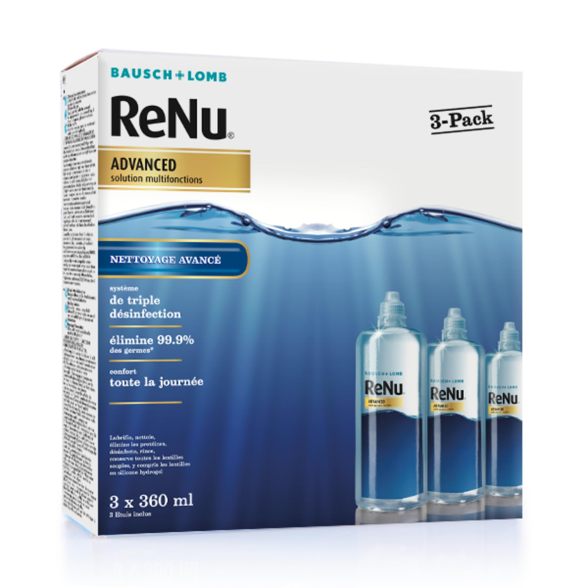 ReNu Advance Produit Lentilles de Contact Souple - Système de Triple Désinfection, Solution d'Entretien Multifonction pour Lentilles Souples - Flacons de 3 x 360ml