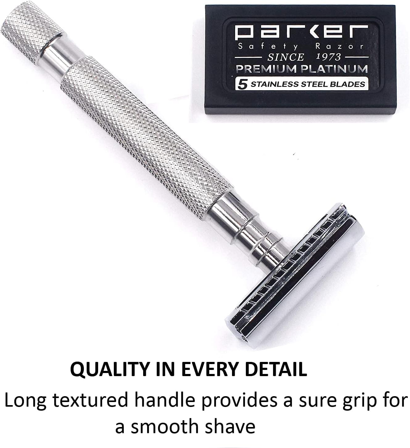 PARKER Safety Razor Men 64S Stainless Steel Handle Double Edge Safety Razor & 5 Premium Blades 4