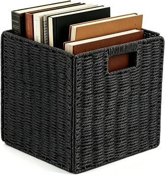 Minifactory Faux Wicker Storage Baskets with Handles Foldable Cube Organizer Bins for Shelves Sturdy Woven Baskets for Laundry Books & Pantry Organization Home Decor Storage Solution Black, Large