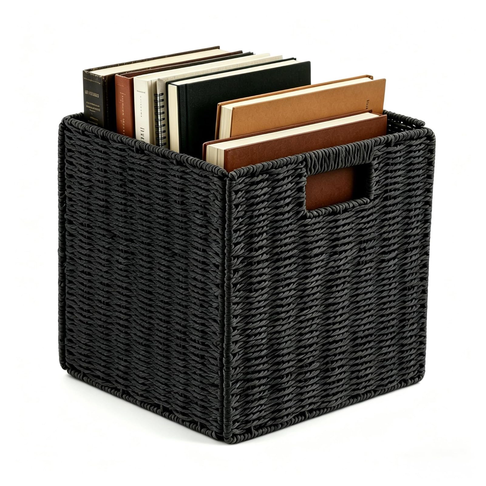 Minifactory Faux Wicker Storage Baskets with Handles Foldable Cube Organizer Bins for Shelves Sturdy Woven Baskets for Laundry Books & Pantry Organization Home Decor Storage Solution (Black, Medium)