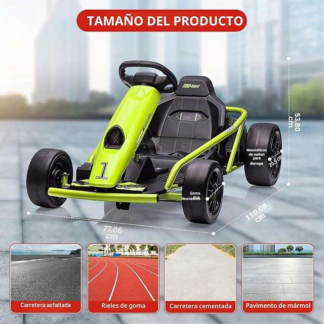 Foto 6 de 7 de Kart Eléctrico Infantil 24V, 2 Motores Potentes De 300W, Batería 9Ah, Velocidad Máx. 13 Km/h