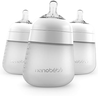 Nanobebe Flexy Silicone Baby Bottles 9oz 3-Pack White: Anti-Colic, Breast-Like Nipple, Non-Tip Base, Easy Clean