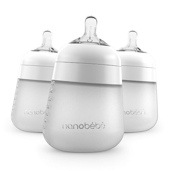 Nanobebe Flexy Silicone Baby Bottle 3-Pack White 9oz Bundled with Flexy Bottle Handles 2 Pack in White