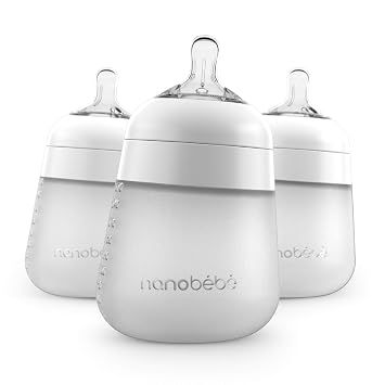 Nanobebe Flexy Silicone Baby Bottle 3-Pack White 9oz Bundled with Flexy Bottle Handles 2 Pack in White