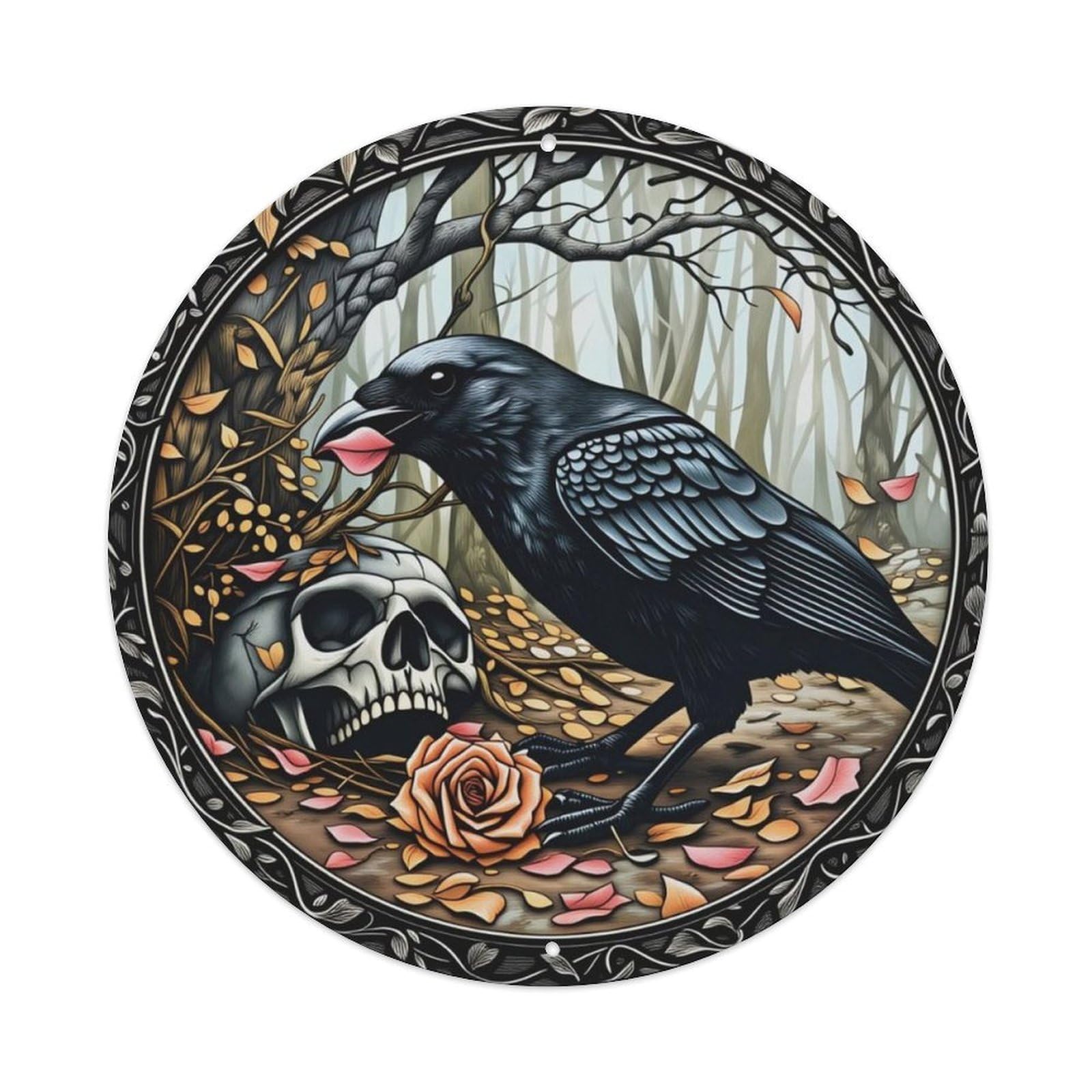 Gothic Forest Crow Skull Rose Round Wall Sign Vintage Aluminium Metal Sign, Retro Wall Decor for Home, Bar, Garage & Farmhouse 20x20cm
