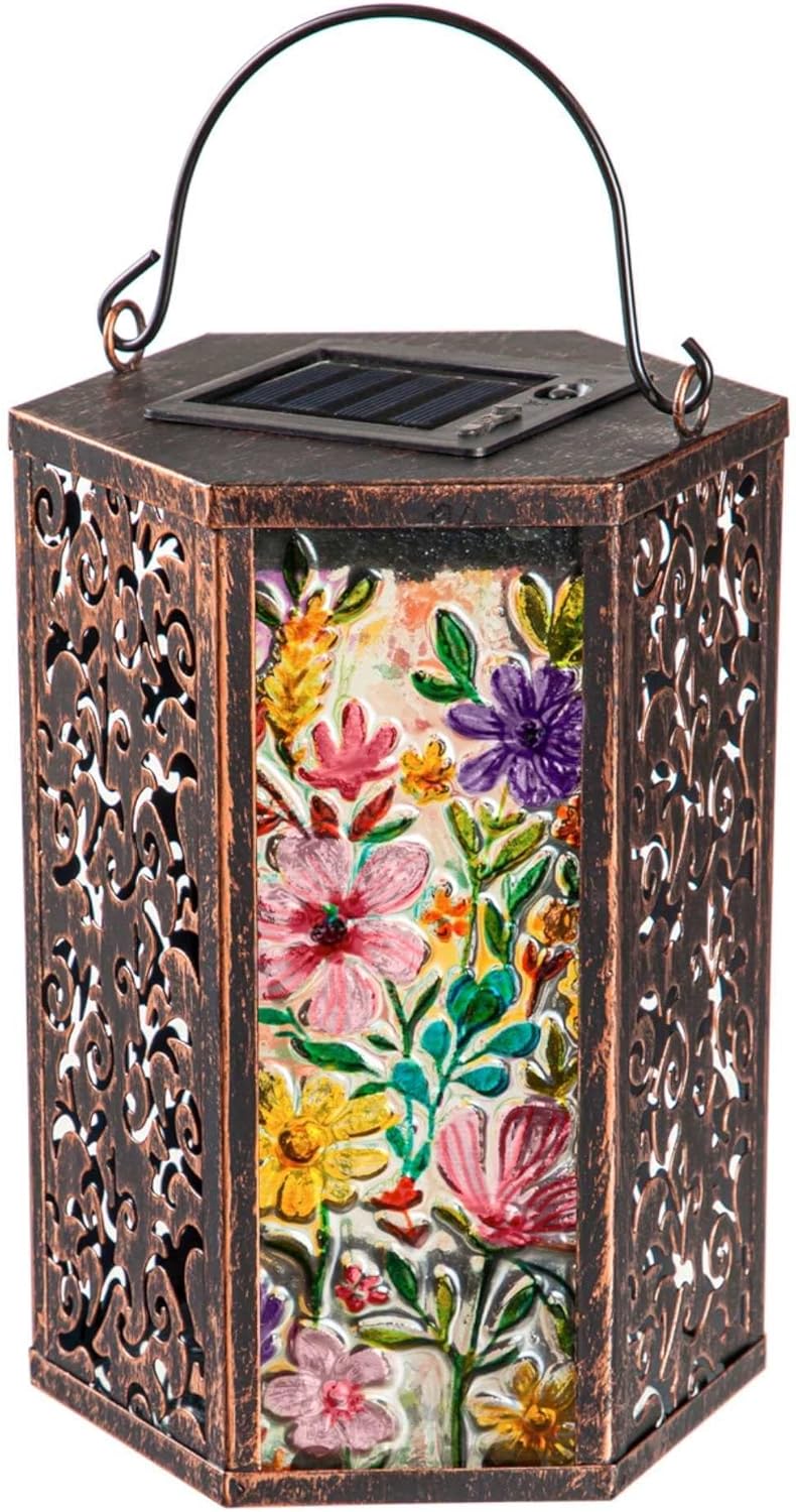 Handpainted Embossed Glass and Metal Solar Lantern, Wild Florals 6 x 8 x 5 Inches- Indoor and Outdoor Lighting