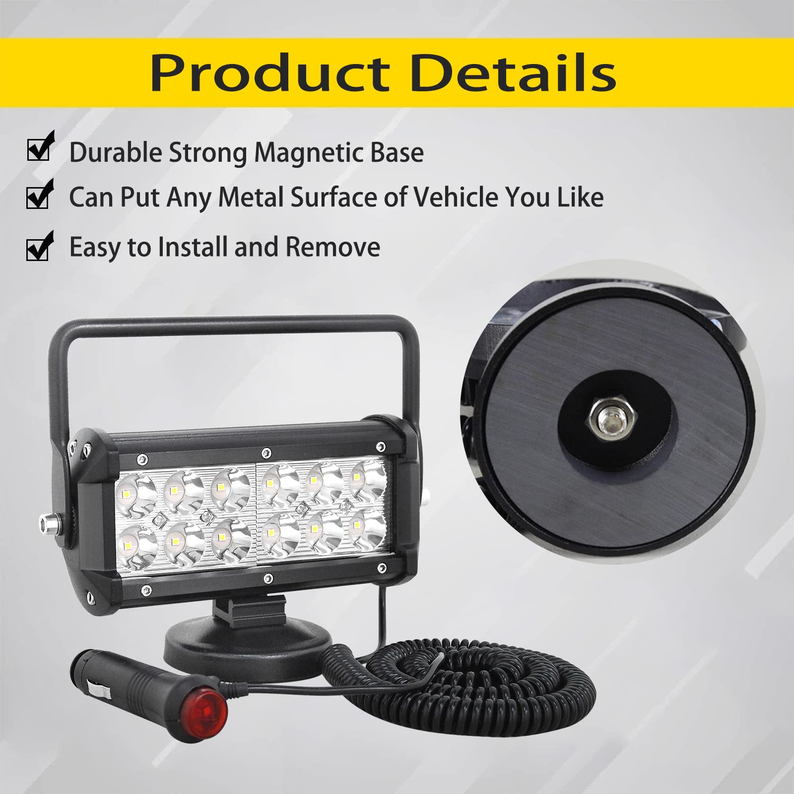 PICAA 2 pezzi Faro da Ricerca LED, 7 pollici 36W Spot Luce da Lavoro con Base Magnetica, 12V 24V Barra LED per Fuoristrada Auto SUV Camion 4x4 Trattore Barca