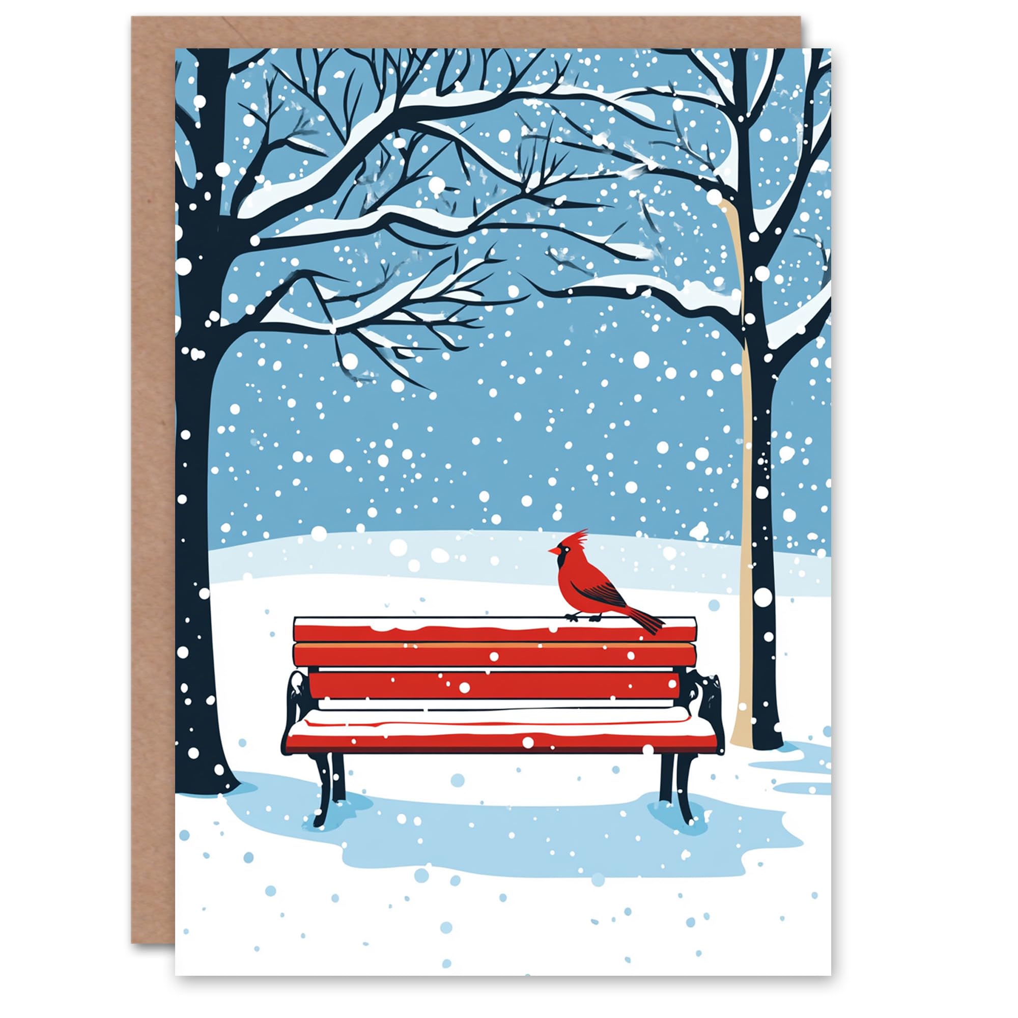 Red Cardinal Park Bench Snow Winter Scene Christmas Fun Gift Festive Xmas Card