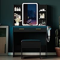 Vista 9 de Escritorio de tocador con espejo con luces LED y toma de corriente, pequeño juego de mesa de tocador de maquillaje con cajones de almacenamiento