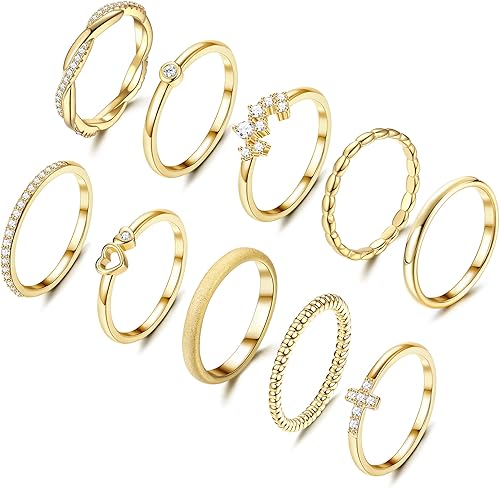 FIBO STEEL Juego de 10 anillos apilables chapados en oro de 14 quilates para mujer delicados minimalistas apilables anillos de nudillos con