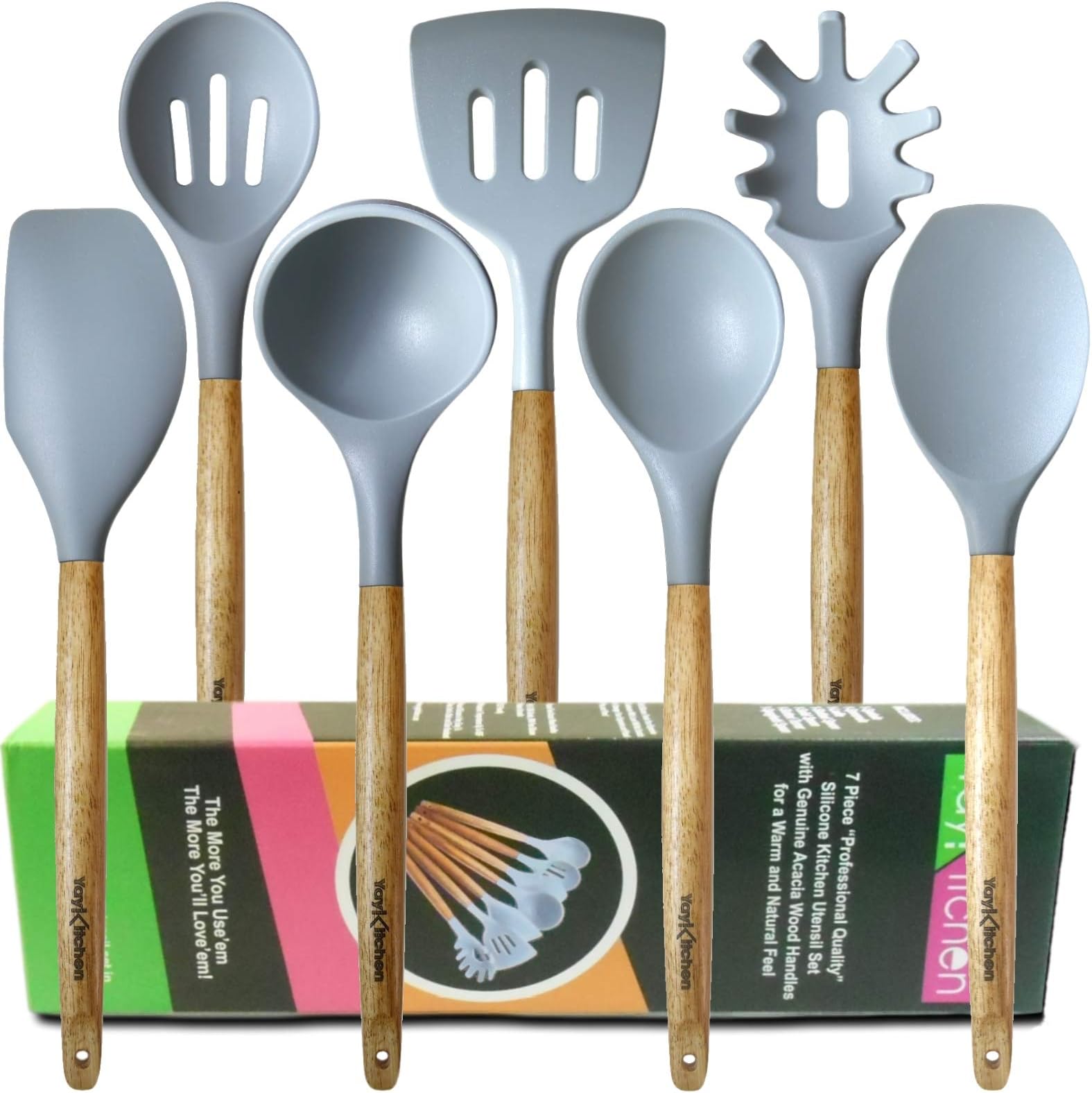 Gray Silicone Kitchen Utensils with Acacia Wood Handles 7 Piece Set by YayKitchen