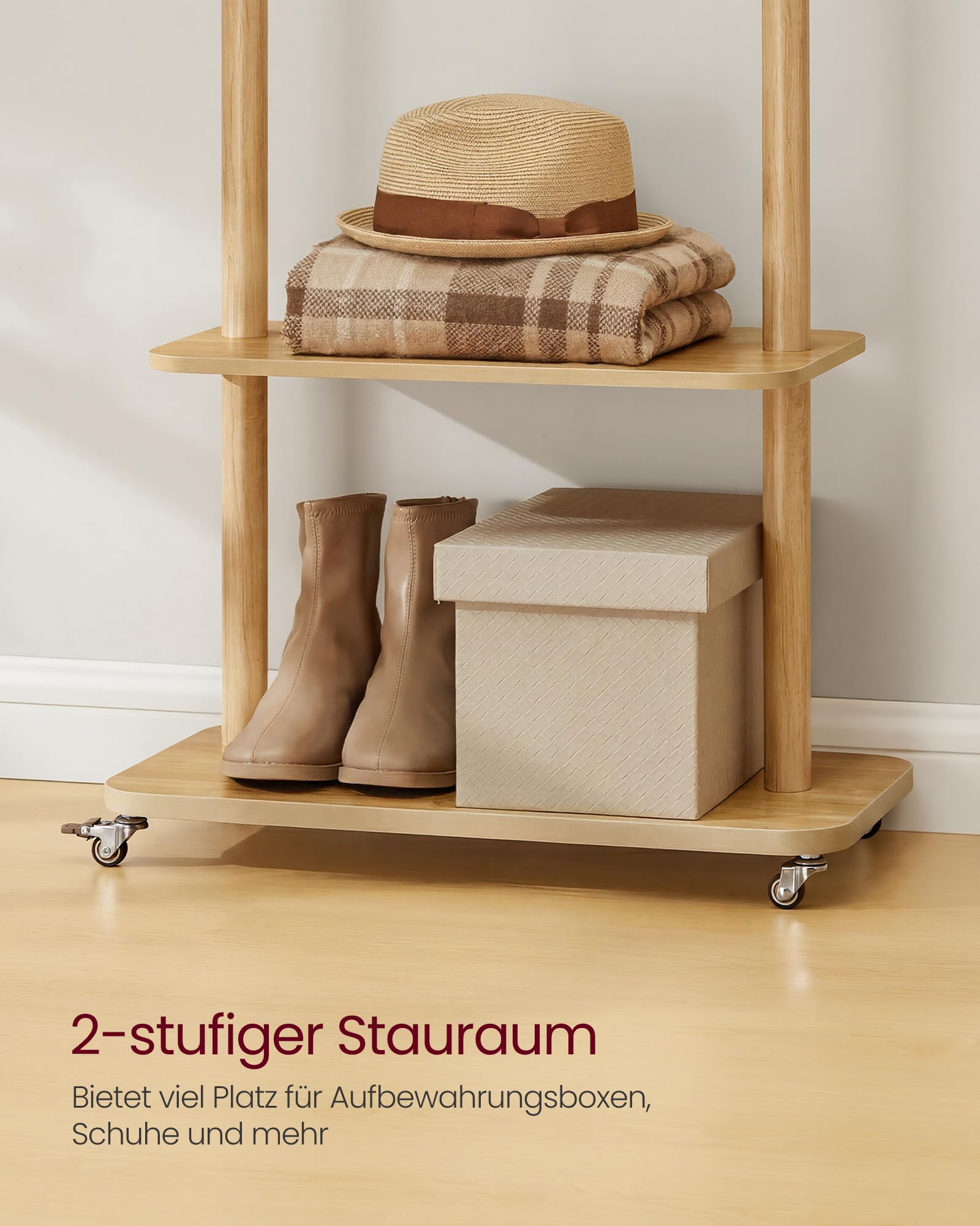 VASAGLE Garderobenständer, Kleiderständer, 7 Haken, 2 Ablagen, 4 drehbare und abnehmbare Rollen, Haken und Stange aus Massivholz, Flur, Schlafzimmer, Wohnzimmer, naturfarben RCR053YK01