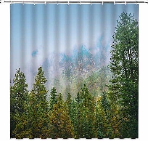 Misty Forest - Cortina de ducha con diseño de bosque, naturaleza, montaña, parque, árboles, plantas, niebla, bosque, paisaje, juego de cortina de